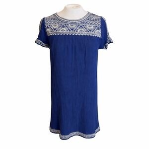 Lucky Brand Blue Embroidered Gauze Shift Dress Womens Small Boho Short Sleeve